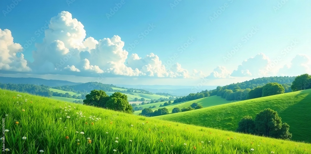 Fototapeta premium Lush green hills under a bright blue sky with fluffy white clouds in the background.