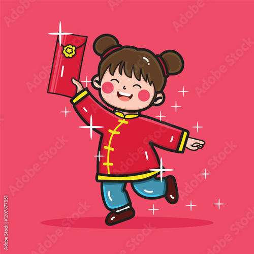 A cute girl celebrating Chinese New Year by getting an angpao for a sticker or design element