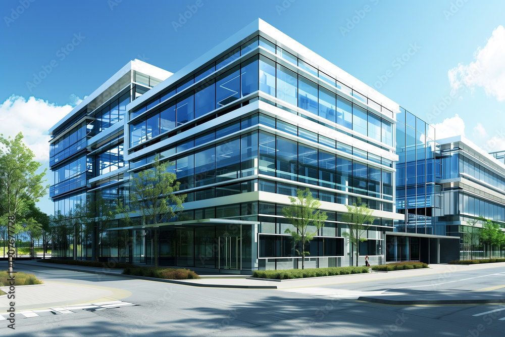 Contemporary Modern Office Building with Glass Facades and Sleek Design Contemporary Modern Office Building with Glass Facades and Sleek Design