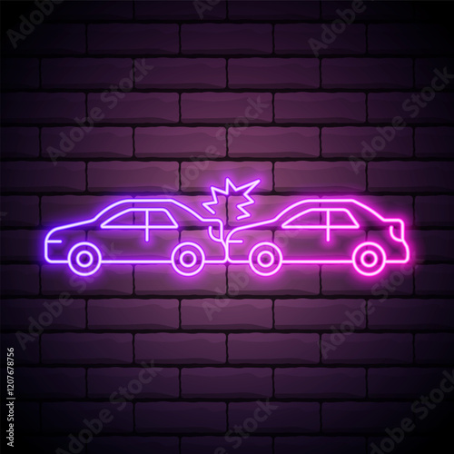 Glowing neon line Car accident icon isolated on brick wall background. Auto accident involving two cars. Vector