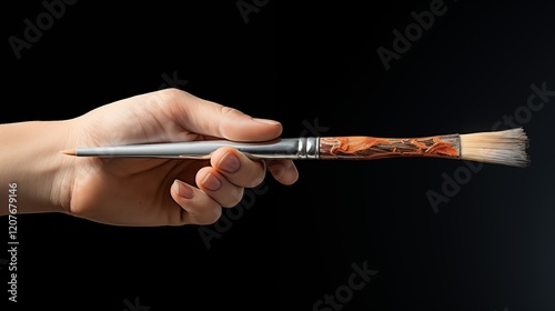 A_close-up of a hand holding a brush, space to the left, golden hour lighting, soft natural light,generative ai illustration