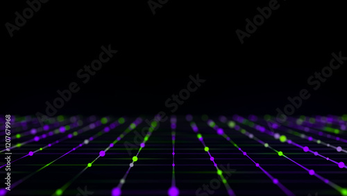 Abstract grid with blue light on black background. Science background with moving dots and lines. Network connection technology. Digital structure with particles. 3d rendering.