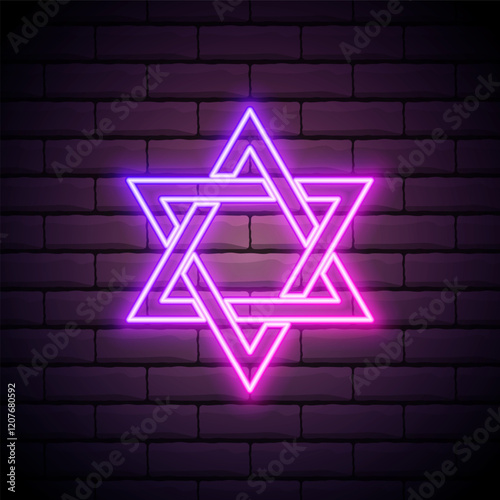 Glowing neon line Star of David icon isolated on brick wall background. Jewish religion symbol. Symbol of Israel. Vector Illustration