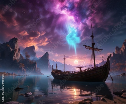 Wallpaper Mural Antica barca con aurora boreale e nuvole bianche , ocean, boat, ancient ship Torontodigital.ca