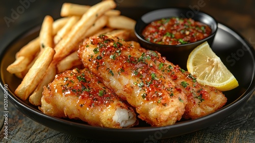 Delicious Crispy Fish Fingers with French Fries and Spicy Sauce