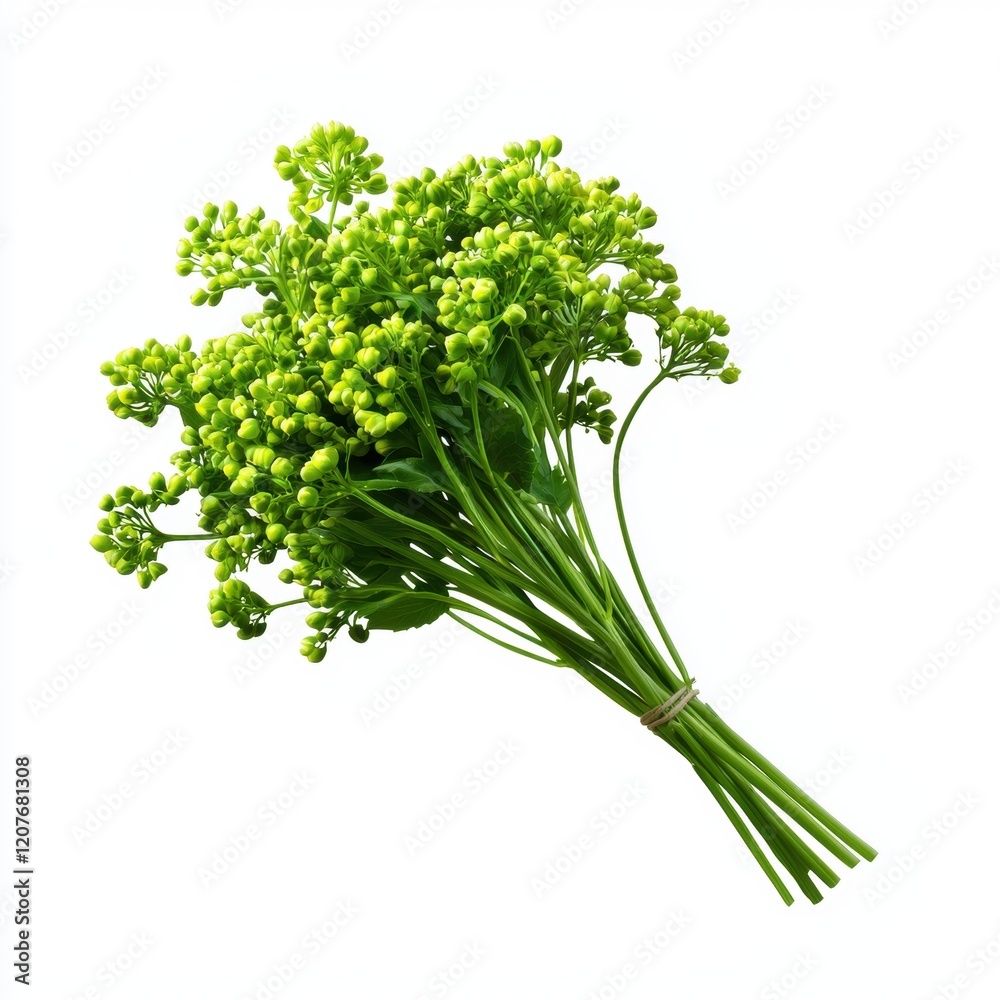 A bunch of green flowers are tightly bound together A bunch of green flowers are tightly bound together