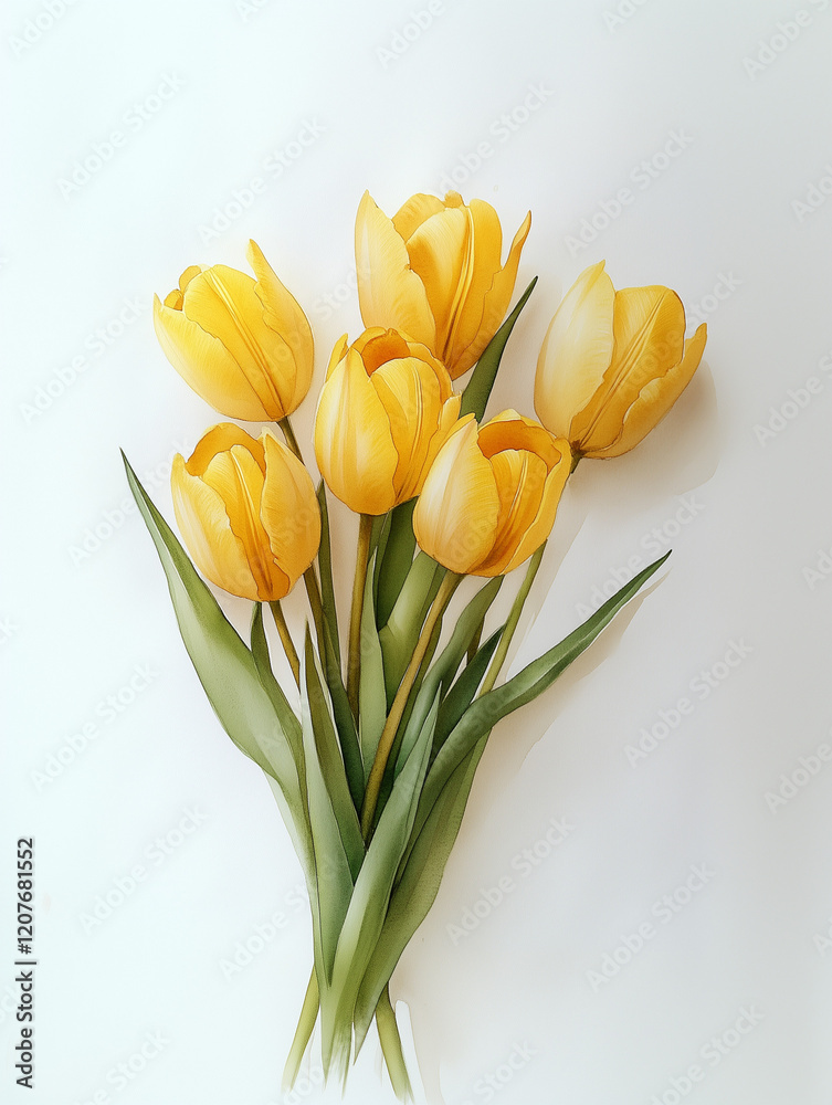 A watercolor of bouquet of tulips with delicate petals lying on a clean background