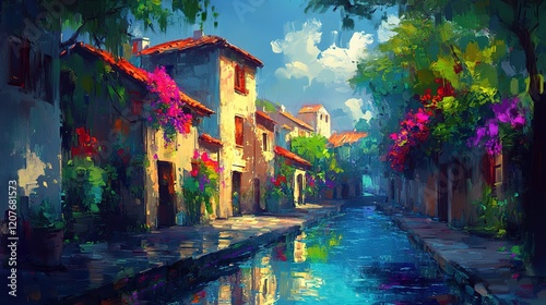 Fototapeta Naklejka Na Ścianę i Meble -  oil painting illustration, beautiful small Italian town with flower blossom spring season