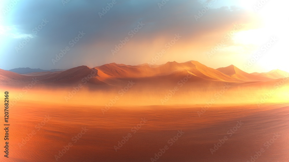 Sandstorm at sunset illuminating the golden desert landscape with surreal beauty Sandstorm at sunset illuminating the golden desert landscape with surreal beauty