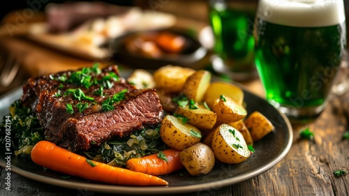 A plate of traditional Irish-style corned beef ,cabbage, carrots, potatoes, parsley garnish, set on a rustic wooden table with a pint of green beer in background, cozy pub ambiance ,St. Patrick's day