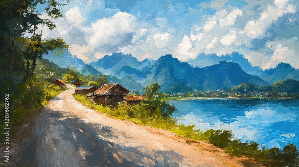 oil painting illustration, Asian rural countryside with river and small town surround with green forest and mountains oil painting illustration, Asian rural countryside with river and small town surround with green forest and mountains