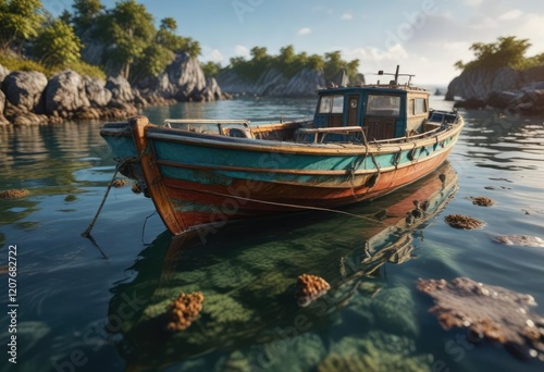 Barnacle-covered boat docked in shallow water, nautical theme, anchor photo