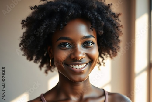 Radiant Smiling Young African Woman with Curly Hair in Soft Natural Light