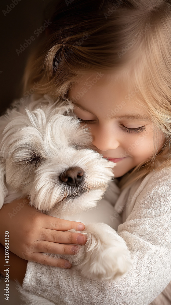 a cute blondie little girl and a maltese fluffy puppy hugg each other, photo realistic a cute blondie little girl and a maltese fluffy puppy hugg each other, photo realistic