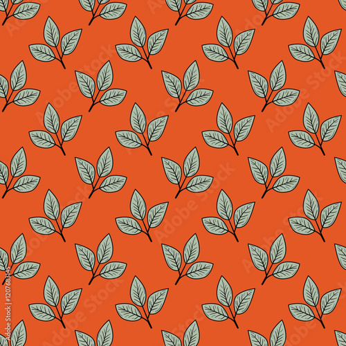 Stylish seamless pattern featuring repeating sprigs of three leaves on a vibrant orange background.  Perfect for textile design, wallpaper, packaging, or any project needing a modern, botanical touch.