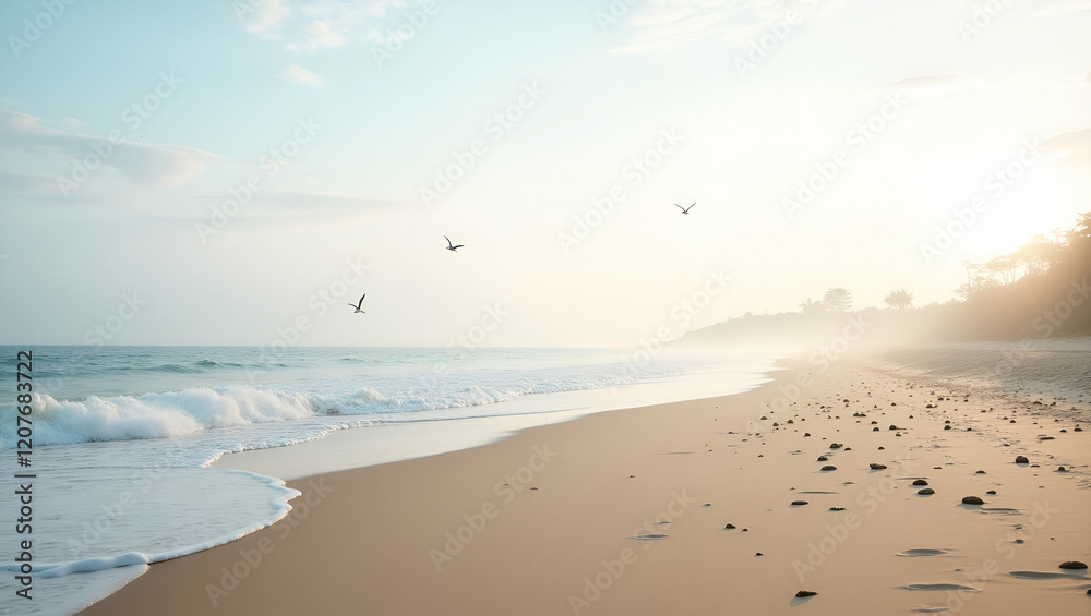 Title: A Tranquil Beach Scene at Dawn or Dusk with Gentle Waves
Title: A Tranquil Beach Scene at Dawn or Dusk with Gentle Waves