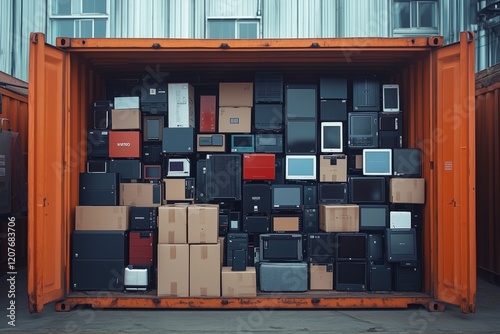 A shipping container filled to the brim with various electronic devices is now prepared for transport, sitting securely at a bustling freight depot