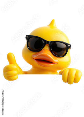 Yellow duck with sunglasses and thumbs up holds a blank white sign.