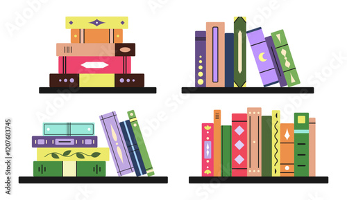 Set of vector isolated bookshelves in simple flat style