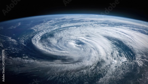 View of earth from space showing a massive swirling hurricane over the ocean, atmospheric phenomenon. Climate and environment conceptView of earth from space showing a massive swirling hurricane over  photo