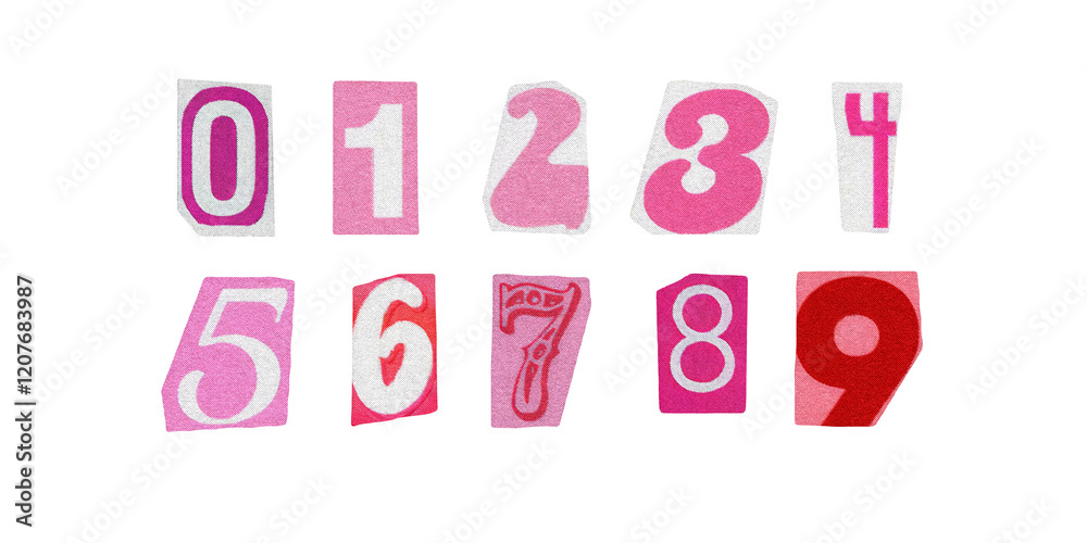 barbiecore set of cut-out numbers from magazines on a transparent background, cute retro y2k ransom style