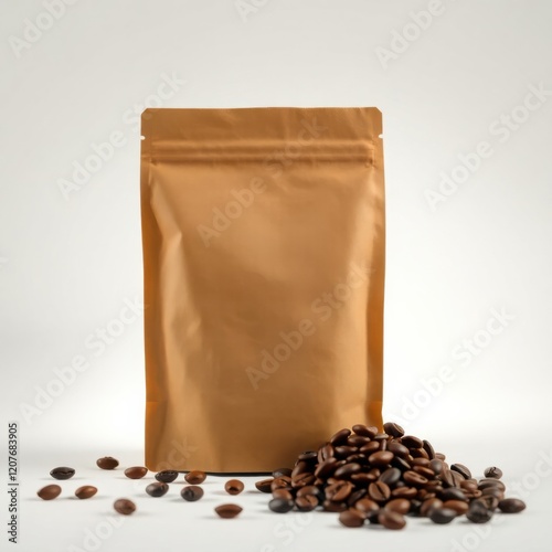 Brown coffee bag with roasted coffee beans spilled on a white background. Perfect for branding and packaging design.