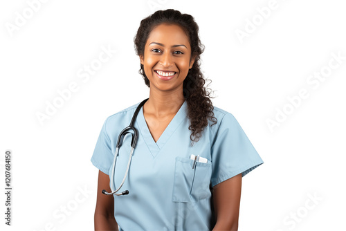 Smiling Indian Nurse in Professional Uniform with Stethoscope, Compassionate Healthcare Worker, Transparent Background, Ideal for Medical, Healthcare, Wellness, Patient Care, and Health Concepts. PNG.