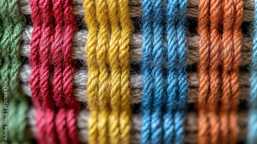 Close-Up of Colorful Threads Interwoven in a Textured Pattern Showcasing Red, Yellow, Blue, Green, and Orange Tones Against Natural Fiber Background for Craft and Textile Projects Close-Up of Colorful Threads Interwoven in a Textured Pattern Showcasing Red, Yellow, Blue, Green, and Orange Tones Against Natural Fiber Background for Craft and Textile Projects