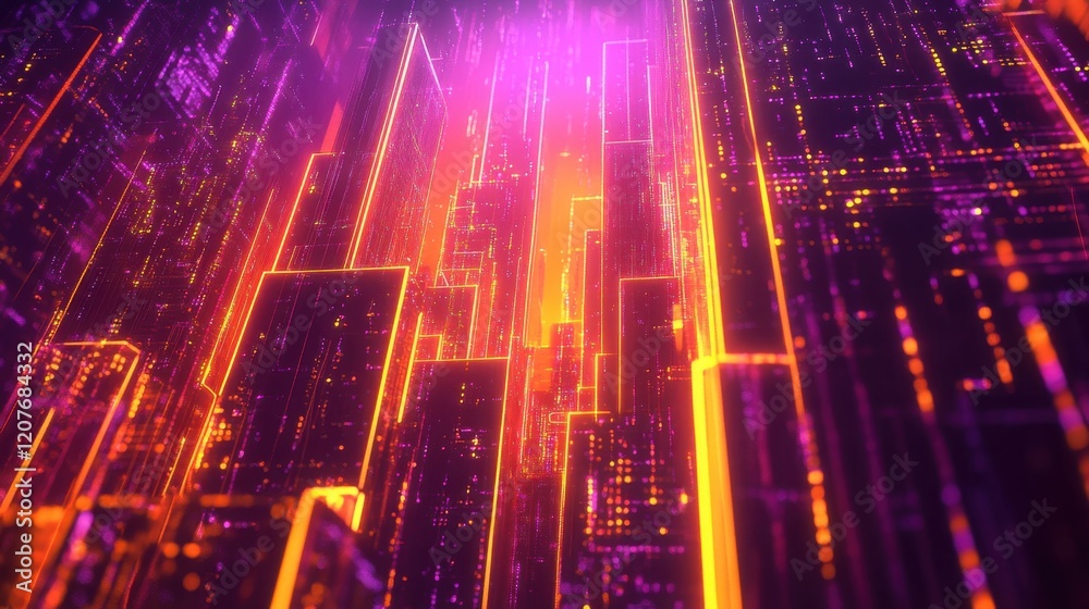 Obraz premium Abstract futuristic urban landscape with geometric architecture, orange and purple lights, holographic data