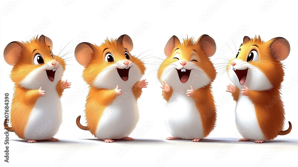Fototapeta premium Happy hamsters chatting, white background, animation