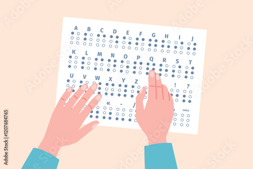 Blind person learning to read with fingers. Braille alphabet, tactile letters numbers ponctuation signs. Embossed symbols, recent vector poster