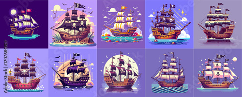 pirate ship illustration isolated on purple background