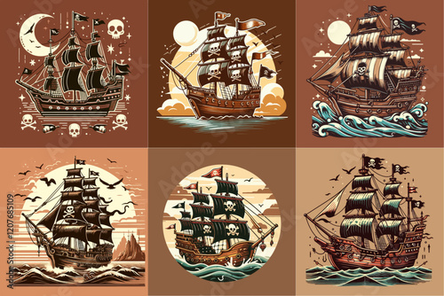 pirate ship illustration isolated on brown background