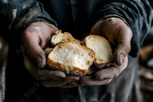 Hungry man holding bread on a black background, hands with food close-up.