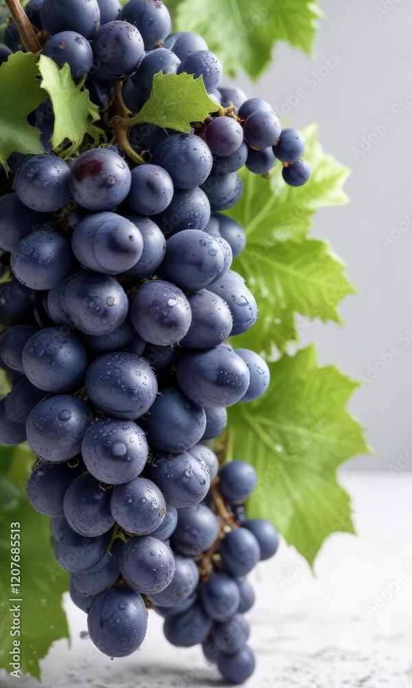 Fototapeta premium Blue grapes bunch with dew drops isolated on white background, botanical photography, juicy flesh
