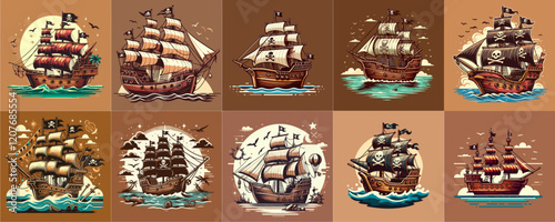 pirate ship illustration isolated on brown background