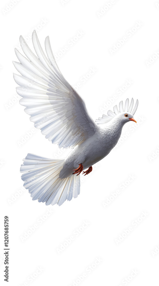 Fototapeta premium Beautiful dove flying with grace in a black space, freedom, purity, elegance