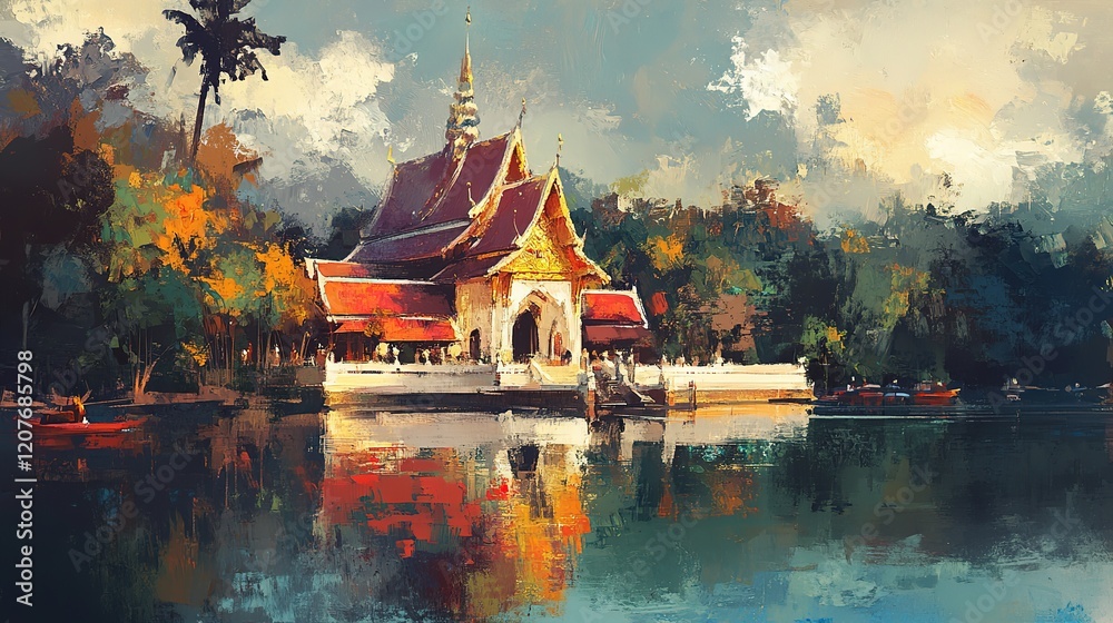 Obraz premium oil painting illustration, ancient temple at river side in rural countryside of Thailand