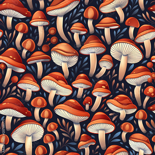 Seamless fantasy vibrant orange mushrooms pattern with whimsical botanical details on dark background photo