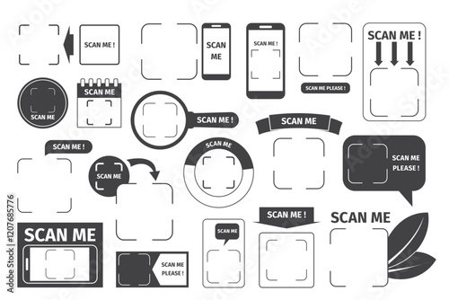 Empty qr codes frames set. Scan me electronic payments barcodes for e commerce, product or personal id info. Different places for scanning, recent vector set