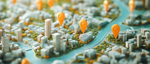 3D city model featuring a bustling urban environment, large orange markers pinpointing key locations, modern buildings, vibrant colors, highdefinition render photo