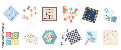 Family leisure board games. Chess monopoly puzzle cards. Isolated game for board and paper for adult and children freetime. Home fun recent vector set
