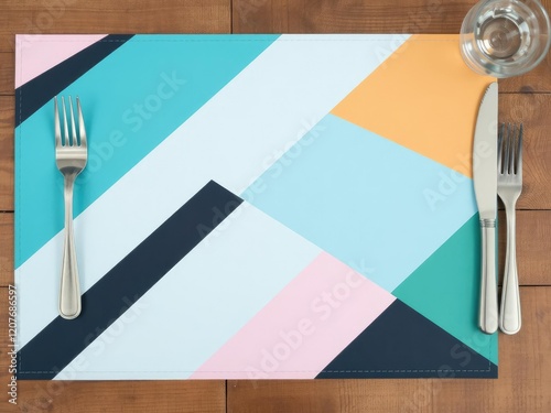 Bold and modern geometric placemat on rustic wooden table, trendy, colorful, bold