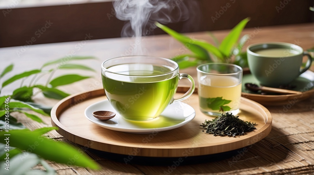 A steaming cup of green tea placed on a bamboo tray, surrounded by fresh tea leaves and serene deco A steaming cup of green tea placed on a bamboo tray, surrounded by fresh tea leaves and serene deco