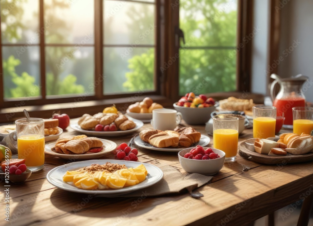 Breakfast spread on a wooden table with natural lighting and a blurred background, colorful, plates Breakfast spread on a wooden table with natural lighting and a blurred background, colorful, plates