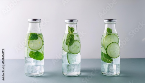 Fresh cucumber and mint infused water with ice cubes in a bottle arrangement  photo