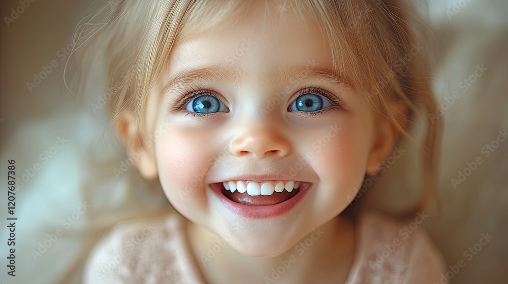 Happy toddler girl smiling, close-up, indoors, soft background, child portrait Happy toddler girl smiling, close-up, indoors, soft background, child portrait
