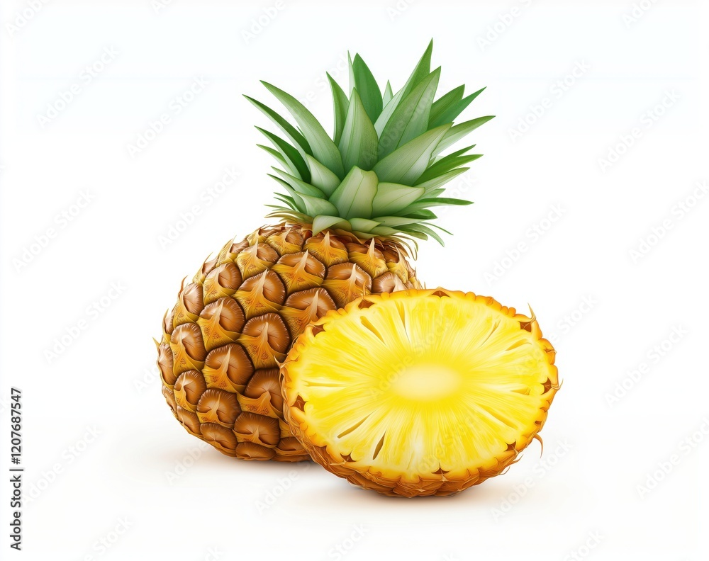 Fresh pineapple isolated on a white background, a pineapple cut in half Fresh pineapple isolated on a white background, a pineapple cut in half