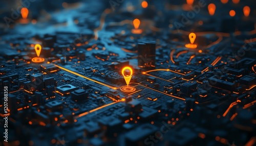 Futuristic 3D city model with prominent orange markers, showcasing key points of interest in a vibrant urban setting, highly detailed buildings and streets