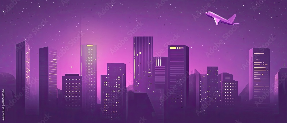 Naklejka premium Purple skyline with a plane flying over a city at night.